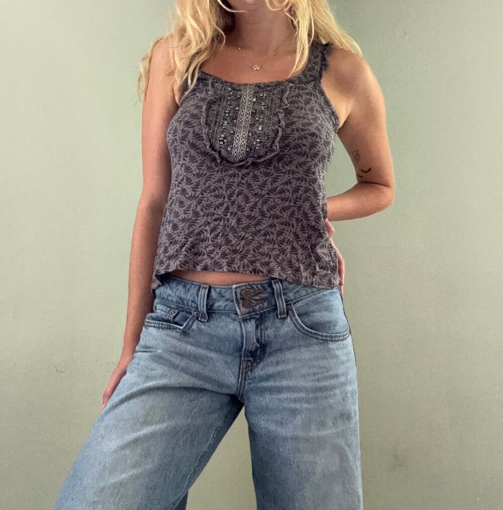 Francescas Beaded Ruffle Tank Top Gray Size XS Boho Chic Trendy Bohemian
